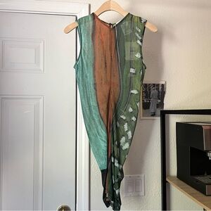 NWT VENROY orange green sheer mesh stripe abstract paint sleeveless mini dress